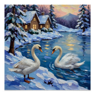 Poster Cygnes vintage sur un lac hivernal - Peinture de N