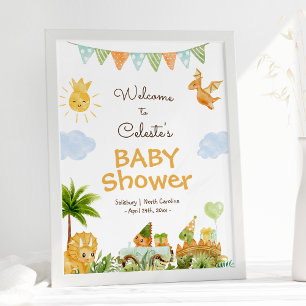 Poster d'accueil Baby shower blanc Dinosaur modern