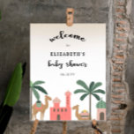 Poster d'accueil pour le Baby shower du désert de<br><div class="desc">Bienvenue à votre quête avec ce panneau unique et très spécial de baby shower d'accueil de thème du désert. Le design se compose de chameaux mignons au milieu des oasis et des palmiers. Sa palette pastel complète parfaitement le thème. Explorez d'autres articles correspondants dans ma boutique.</div>