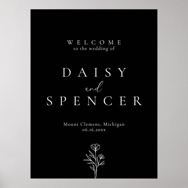 Poster d'accueil simple Mariage Floral Noir (Devant)