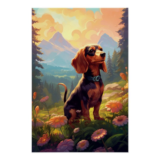 Poster Dachshund Art Nouveau Avec Fleurs (Devant)