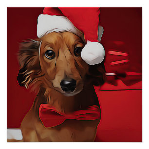 Poster Dachshund Assis Devant Un Cadeau De Noël Pos
