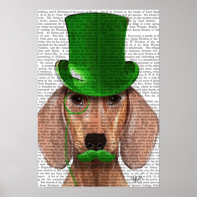 Poster Dachshund avec chapeau vert et moustache (Devant)