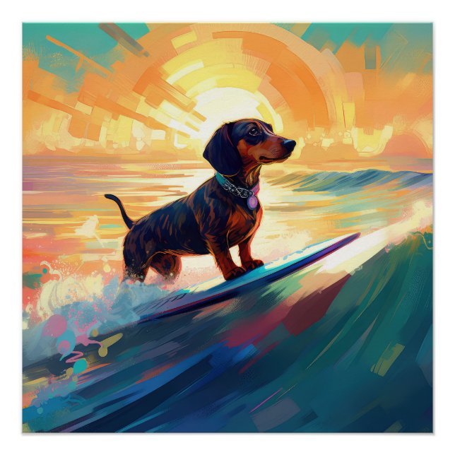 Poster Dachshund Beach Surf Peinture (Devant)