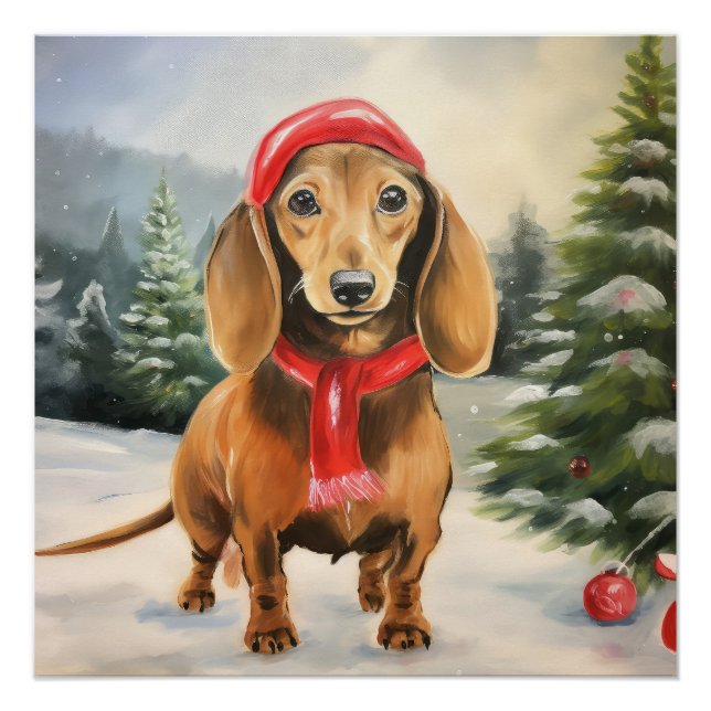 Poster Dachshund Chien dans la neige Noël  (Devant)