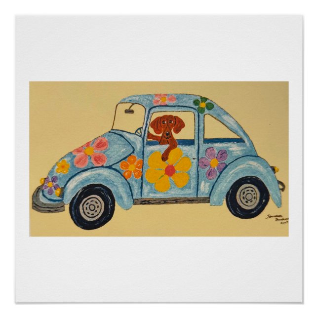 Poster Dachshund dans une voiture hippie (Devant)