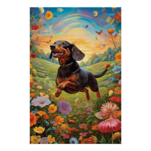 Poster Dachshund Dansant Avec Un Papillon Coloré