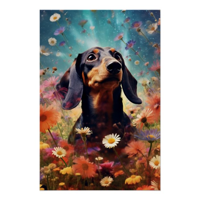 Poster Dachshund D'Art Abstrait Avec Fleurs (Devant)