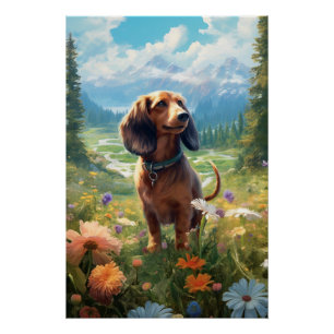 Poster Dachshund D'Art Contemporain Aux Fleurs Fleurissan