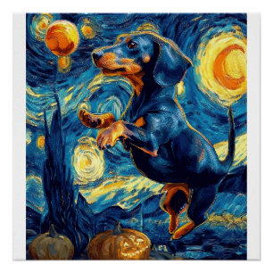 Poster Dachshund de la nuit étoilée de Van Gogh Halloween