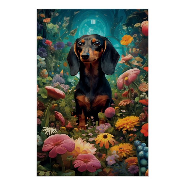 Poster Dachshund Entouré De Différents Types De Fleurs (Devant)