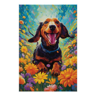 Poster Dachshund Frolicking Dans Un Champ De Fleur Coloré
