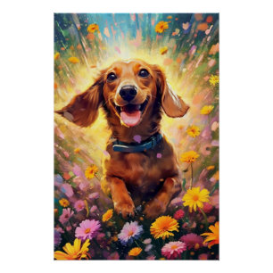 Poster Dachshund Frolicking Dans Un Champ De Fleur Coloré