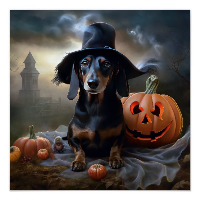 Poster Dachshund Halloween effroi (Devant)