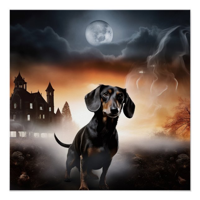 Poster Dachshund Halloween effroi (Devant)