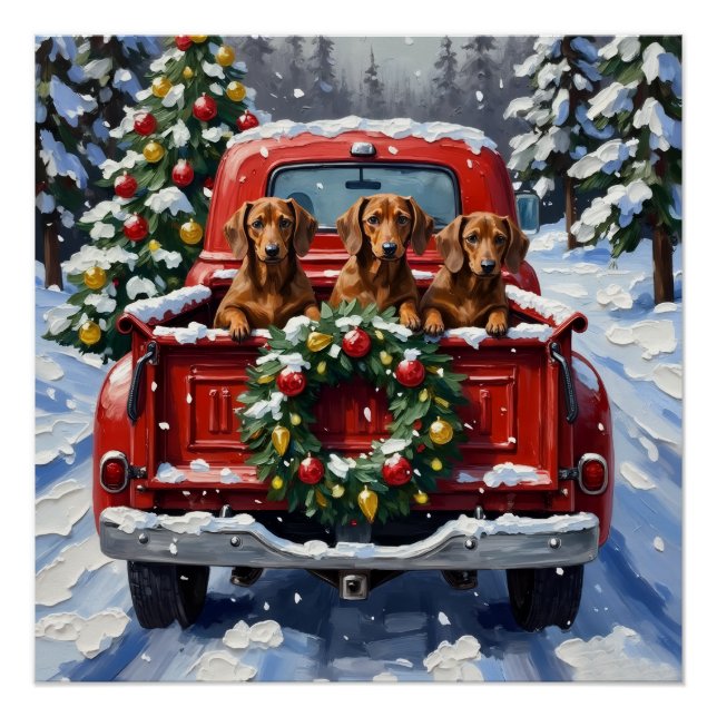 Poster Dachshund Noël Camion Rouge Fêtes (Devant)