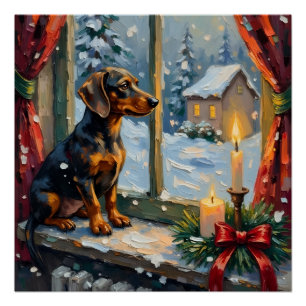Poster Dachshund vintage près d'une fenêtre de Noël cosy