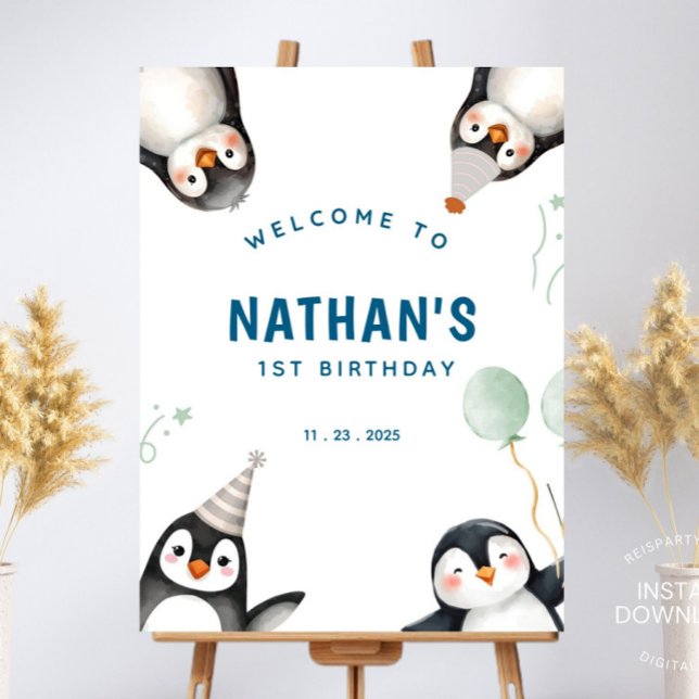 Poster d'Affiche de bienvenue d'anniversaire de Pe (Penguin Birthday party, Penguin Theme, Winter Wonderland, Winter Birthday, Welcome sign, Welcome Pos)