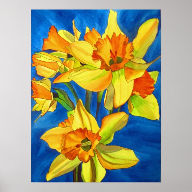 Poster Daffodiques jaunes art floral original aquarelle (Devant)