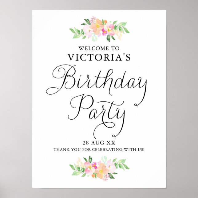 Poster Dainty Aquarelle Florals Anniversaire Bienvenue (Devant)
