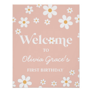 Poster Daisy Retro Rose premier anniversaire Bienvenue