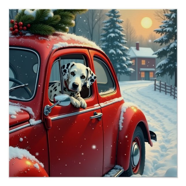 Poster Dalmatian Snowy Car Ride Christmas Painting (Devant)