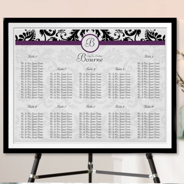 Poster Damassé floral noir et blanc avec accent violet (Créateur téléchargé)