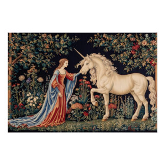Poster Dame à la licorne dans un jardin