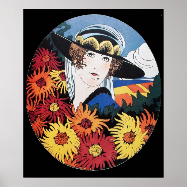 Poster Dame aux fleurs de chrysanthème, noir (Devant)