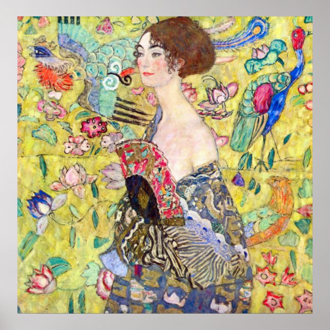 Poster Dame avec ventilateur par Gustav Klimt (Devant)