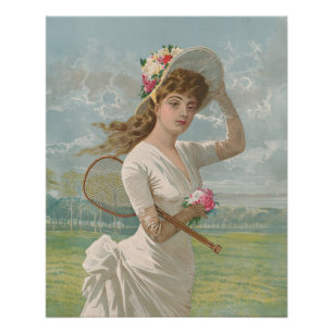 Poster Dame de tennis victorienne avec chapeau à fleurs A