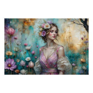 Poster Dame en rose, paysage floral texturé sarcelle or