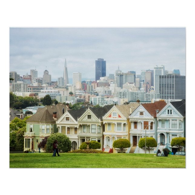 Poster Dames peintes, maisons victoriennes et skyline (Devant)