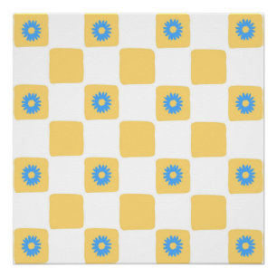 Poster Damier Jaune Blanc Avec Motif De Fleur Bleue