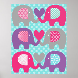 Poster d'amour pour les éléphants roses et violets
