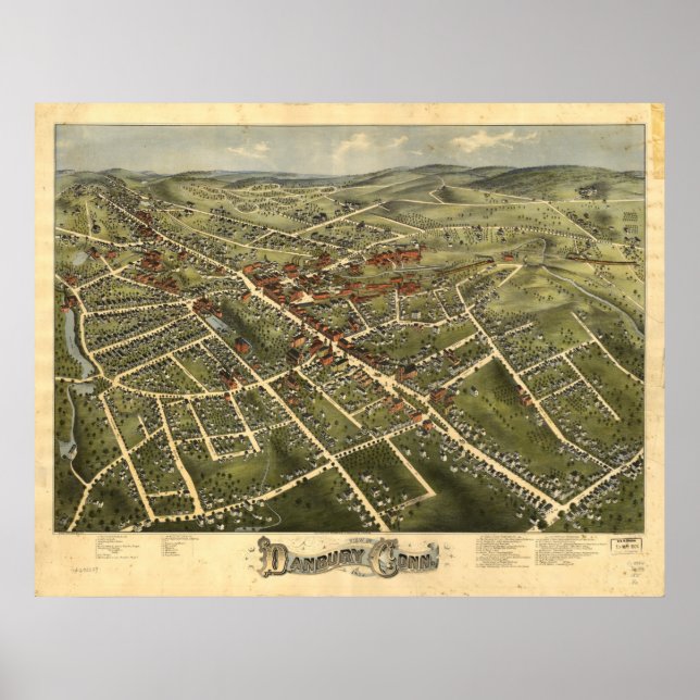Poster Danbury Connecticut 1885 Antique Panoramic Map (Devant)