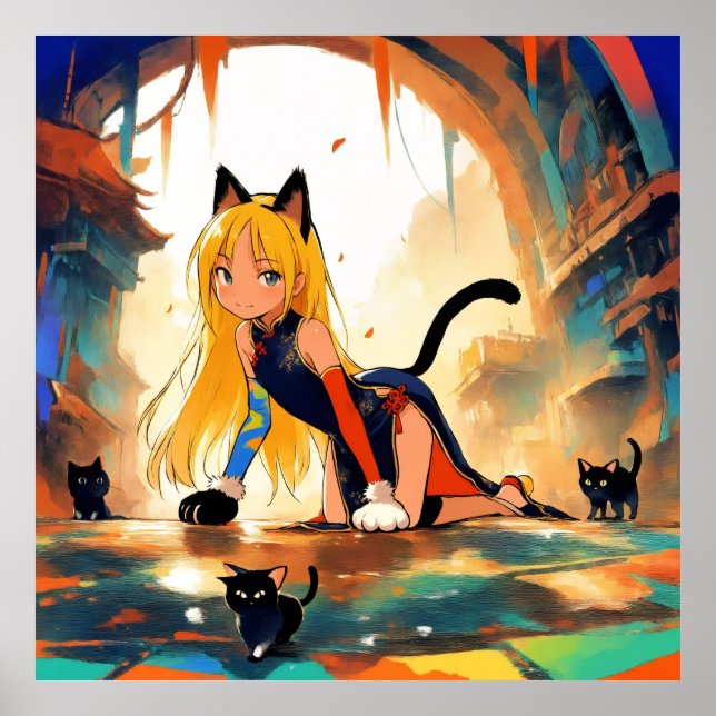 Poster d'Anime Mystical Neko Girl & Kittens (Devant)