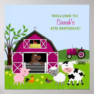 Poster d'anniversaire de Girl Barnyard Farm Animau