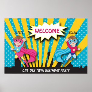 Poster d'anniversaire de Twin Boy Girl Superhero