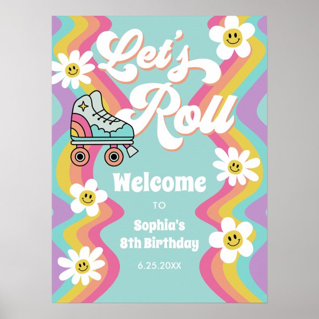 Poster d'anniversaire Retro Roller Sking Arc-en-ci (Devant)