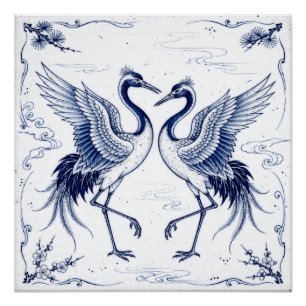 Poster Danse de Grue Style Imari Japonais Bleu Blanc