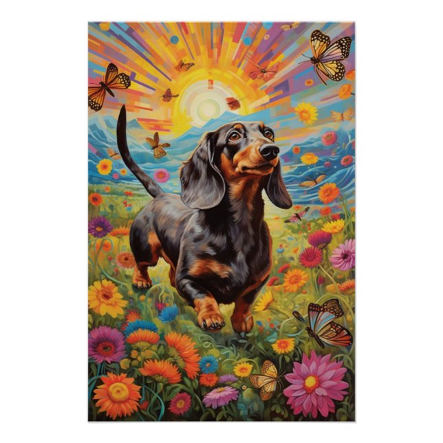Poster Danse Whimsical Dachshund et Papillon (Devant)