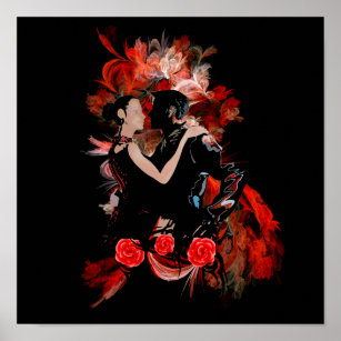 Poster Danseurs de tango romantiques sur la fractale roug