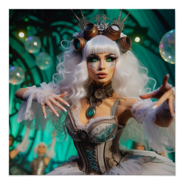 Poster Danseuse victorienne futuriste Steampunk verte (Devant)