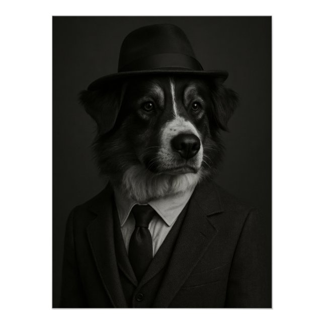 Poster Dapper Australian Shepherd Dog in Suit and Hat (Devant)
