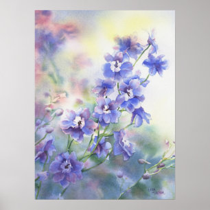 Poster d'aquarelle de fleurs de delphinium bleu vi