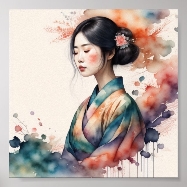 Poster d'aquarelle femme asiatique (Devant)