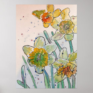 Poster d'aquarelle jaune jonquille florale