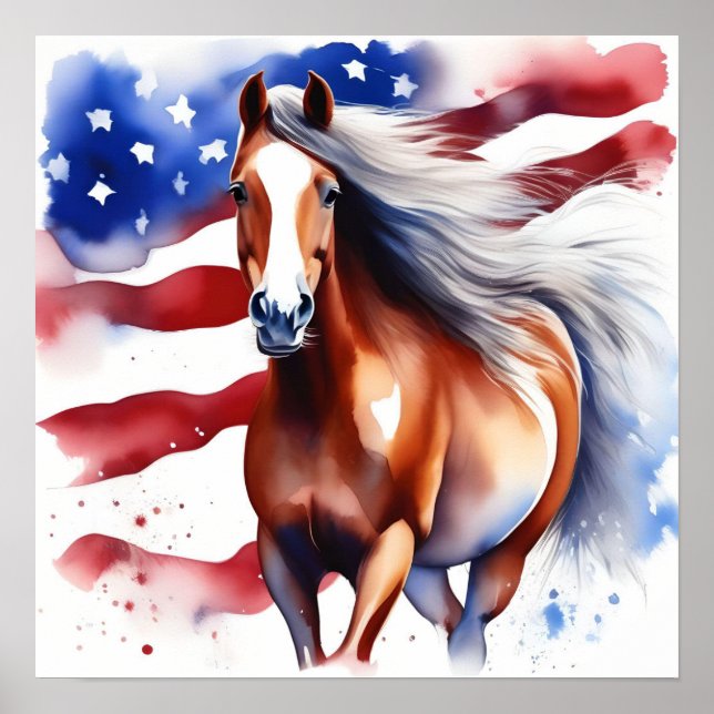 Poster d'aquarelle Patriotic Horse with U.S. Flag (Devant)