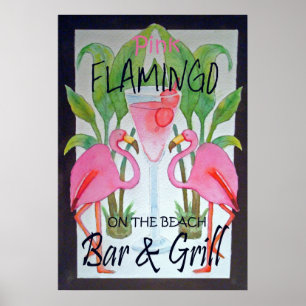 Poster d'aquarelle Pink Flamant rose Bar & Grill B